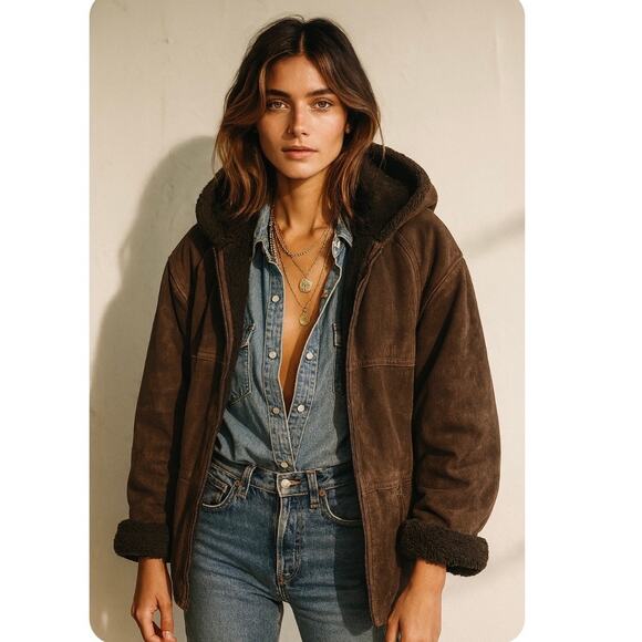 Vintage Chocolate Brown Suede And Faux Shearling Hooded Oversized  Coat Boho - Picture 1 of 10